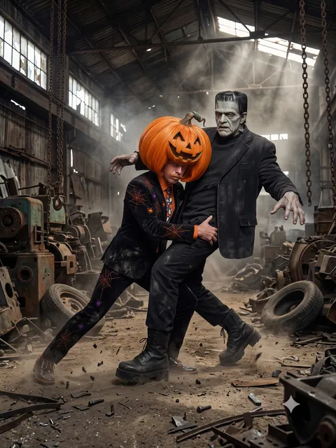 Philloween tackling a towering monster in an abandoned factory