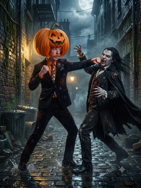 Philloween landing a jab on a vampire in a rainy alley